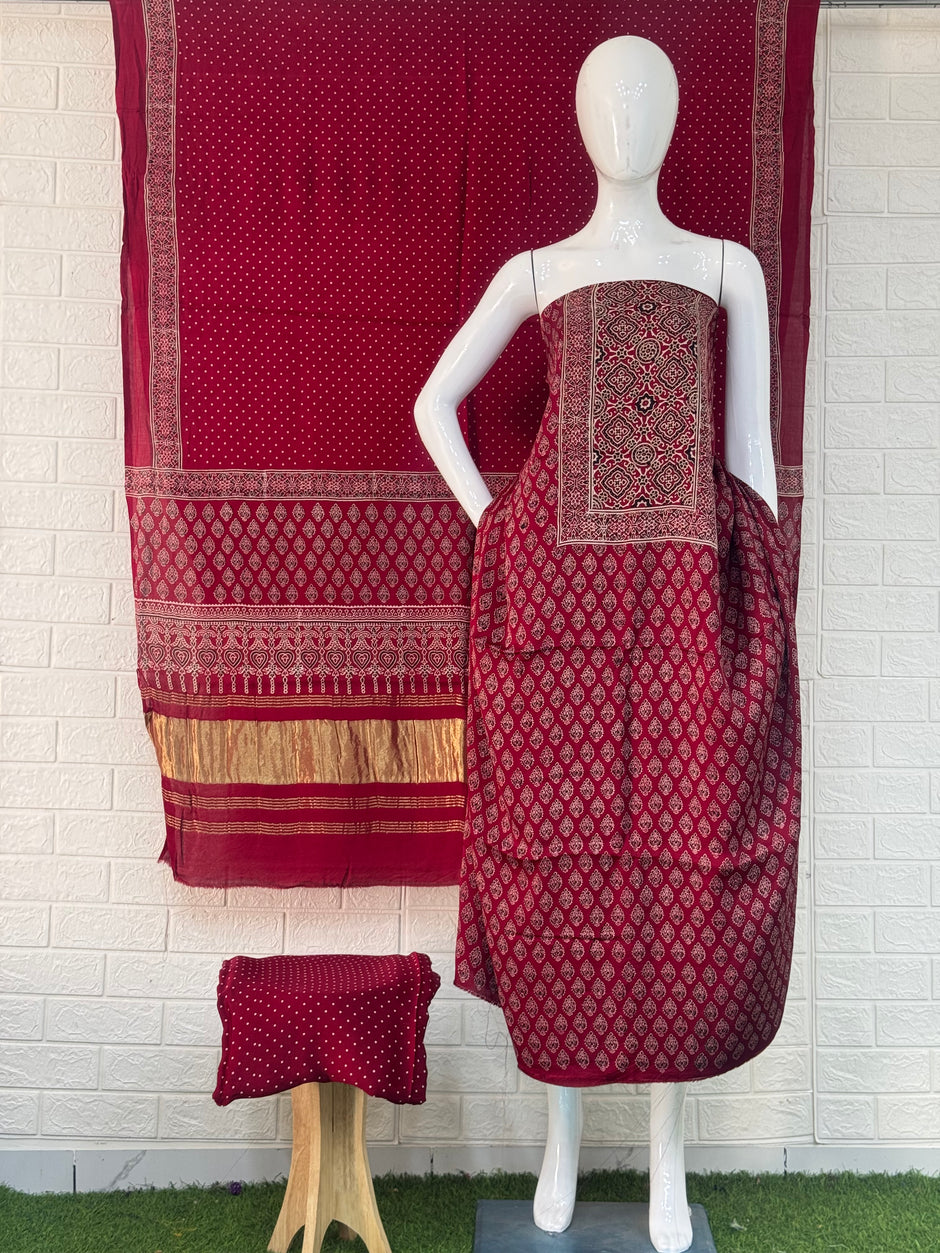 Pure Modal Silk Ajrakh Hand Block Print Neptol Dye 3 Pice Suit