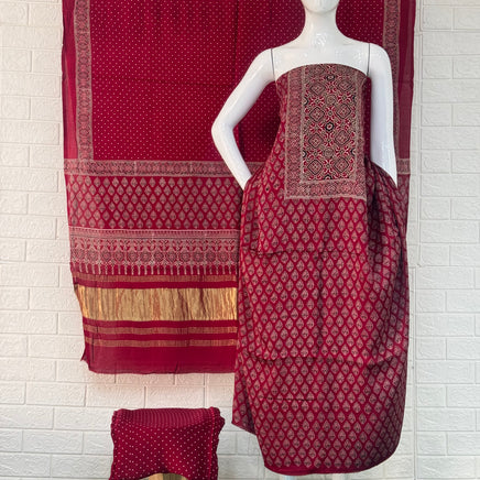 Pure Modal Silk Ajrakh Hand Block Print Neptol Dye 3 Pice Suit