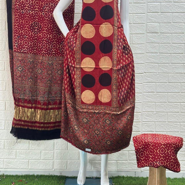 Pure Modal Silk Ajrakh Hand Block Print Nechral Dye 3 Pice Suit