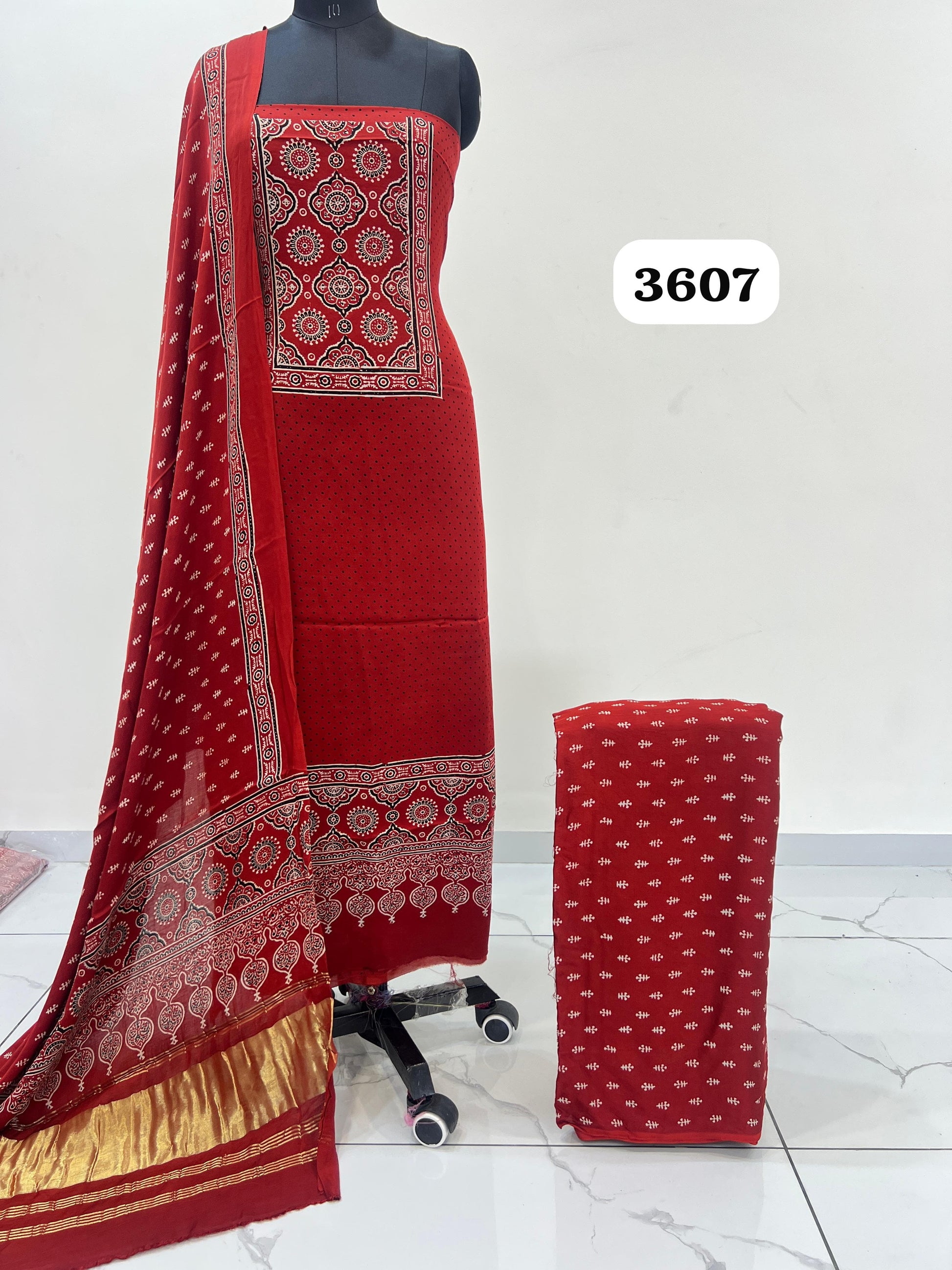 Pure Modal Silk Ajrakh Hand Block Print Neptol Dye 3 Pice Suit
