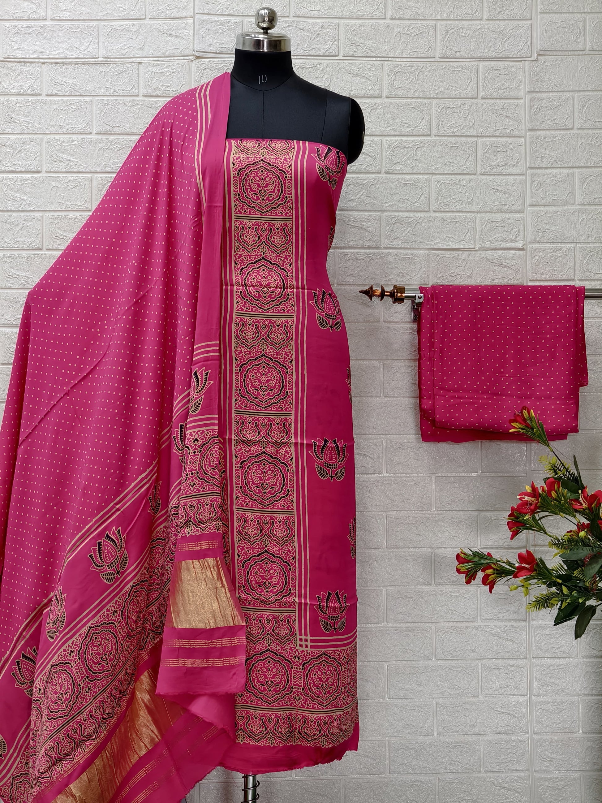Pure Modal Silk Ajrakh Hand Block Print Neptol Dye 3 Pice Suit