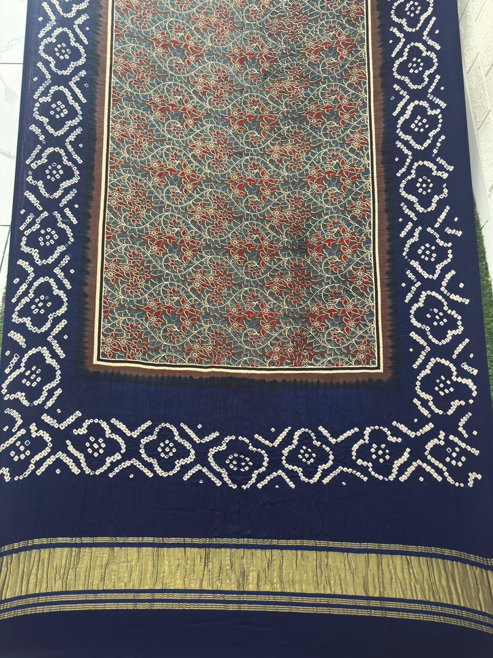 Modal silk ajrakh and bandhani dupatta screen print
