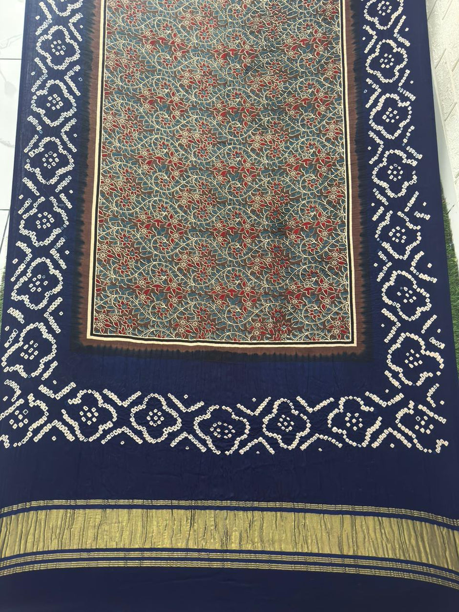 Modal silk ajrakh and bandhani dupatta screen print