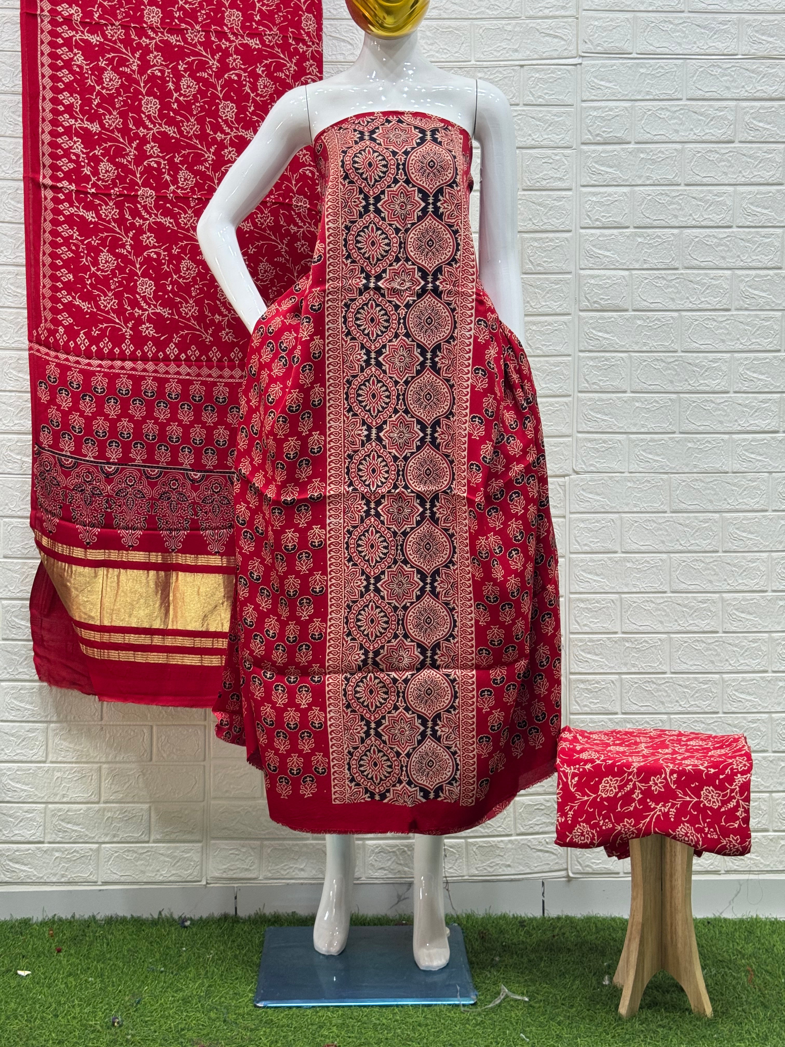 Ajrakh Hand Block Print Neptol Dye 3 Pice Suit