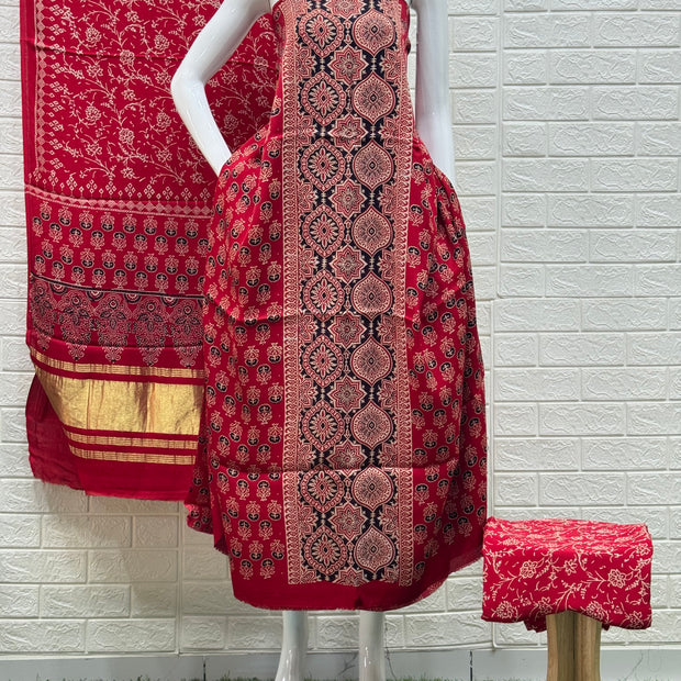 Ajrakh Hand Block Print Neptol Dye 3 Pice Suit