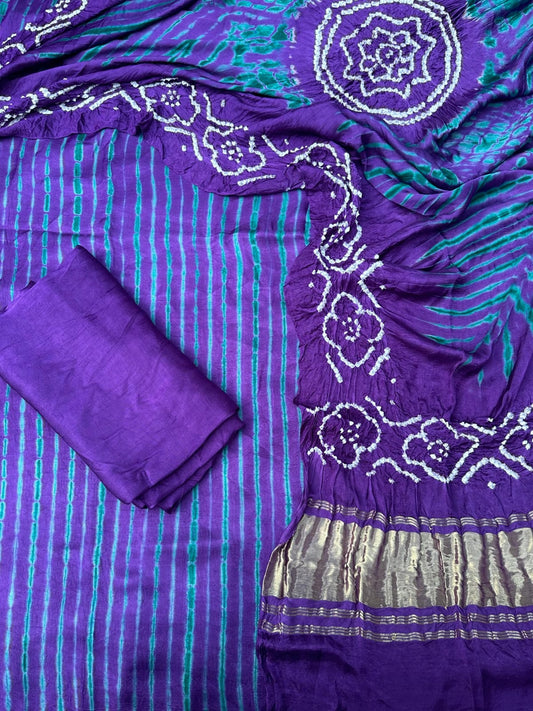 Purple & Green Modal Silk Tie & Dye Bandhani Dupatta 3 Piece Suits