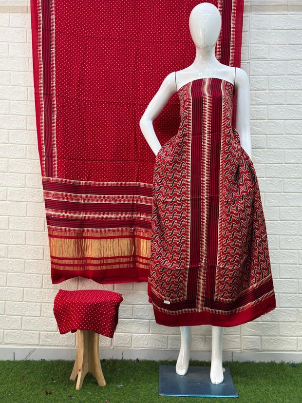 Buy Ajrakh Hand Block Print Modal Silk 3 Piece Suit Online | Ajrakh Design with Zari Dupatta