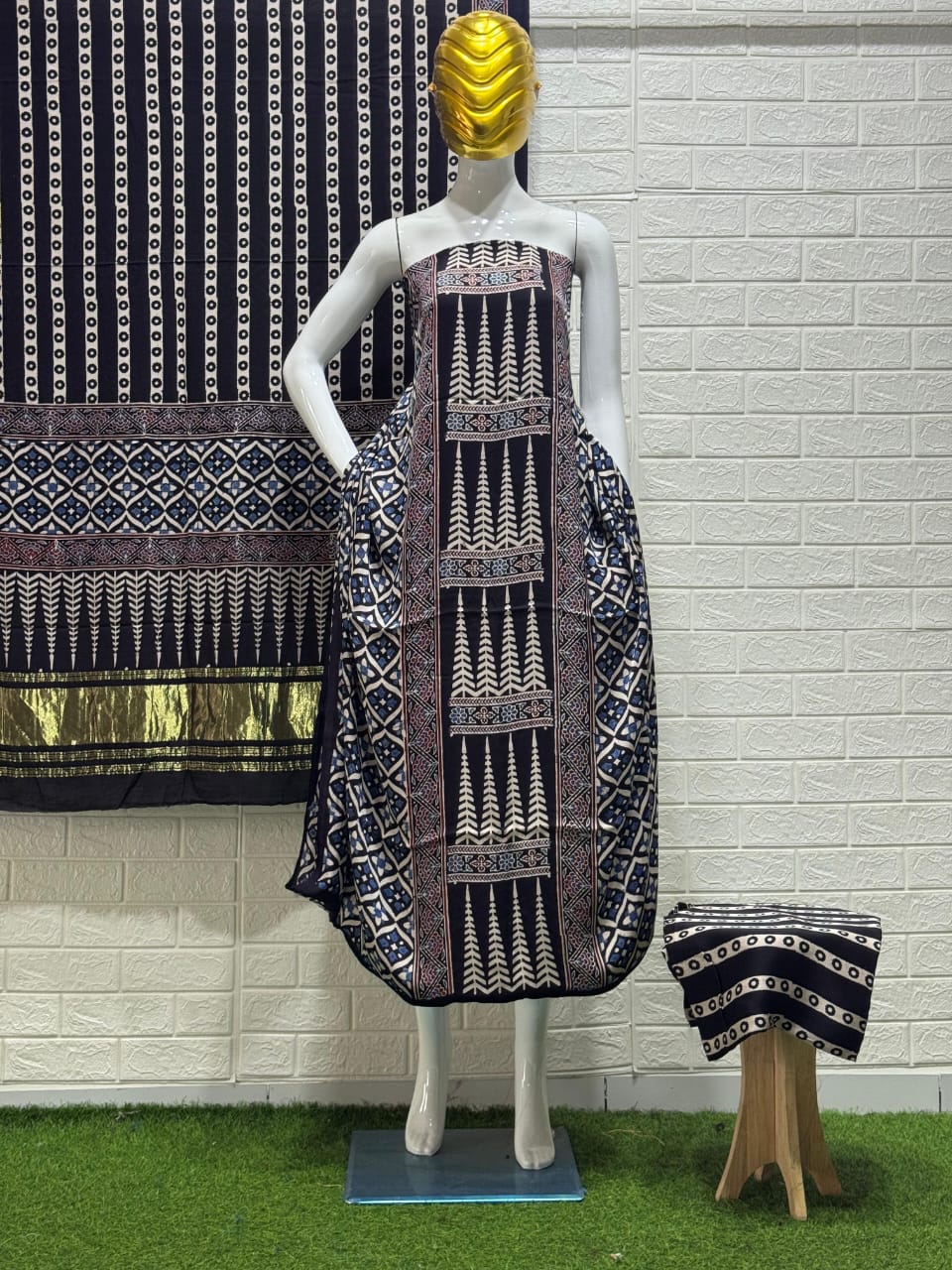 Pure Modal Silk Ajrakh Hand Block Print Nechral Dye 3 Pice Suit