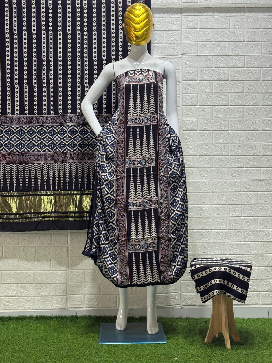 Pure Modal Silk Ajrakh Hand Block Print Nechral Dye 3 Pice Suit