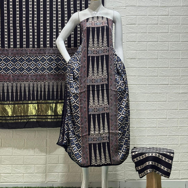 Pure Modal Silk Ajrakh Hand Block Print Nechral Dye 3 Pice Suit