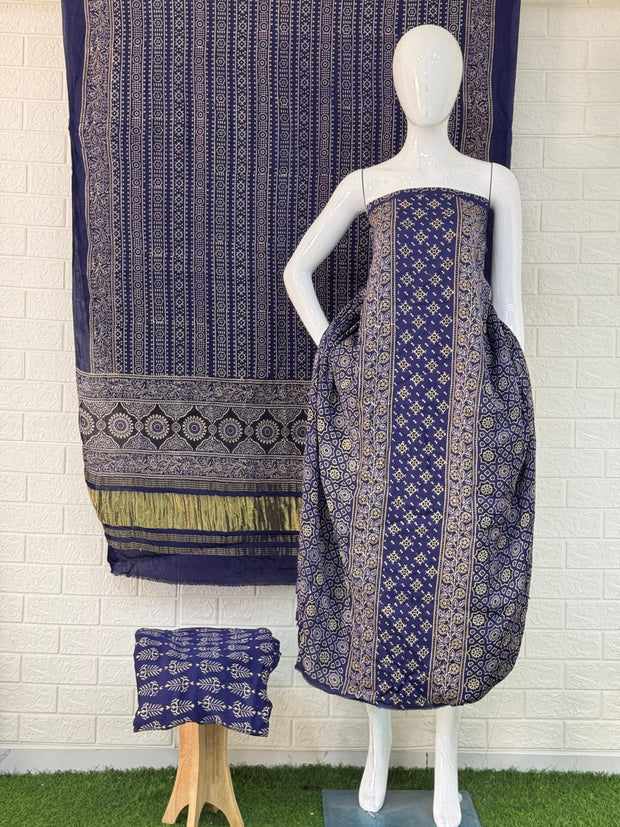 Buy Ajrakh Hand Block Print Modal Silk 3 Piece Suit Online | Ajrakh Design with Zari Dupatta