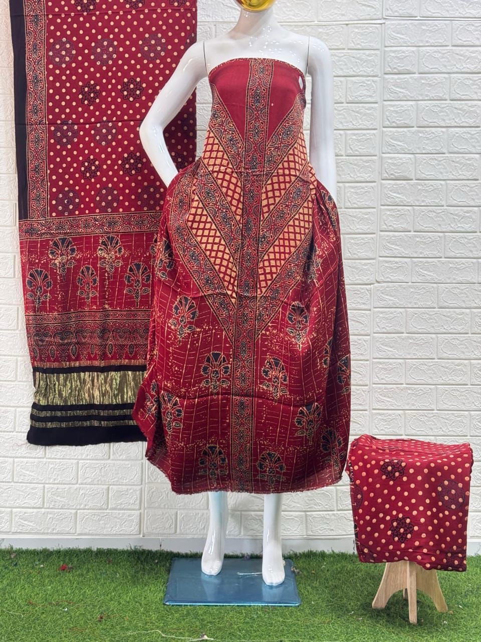 Pure Modal Silk Ajrakh Hand  Block print Nechral Dye 3 Pice Suit