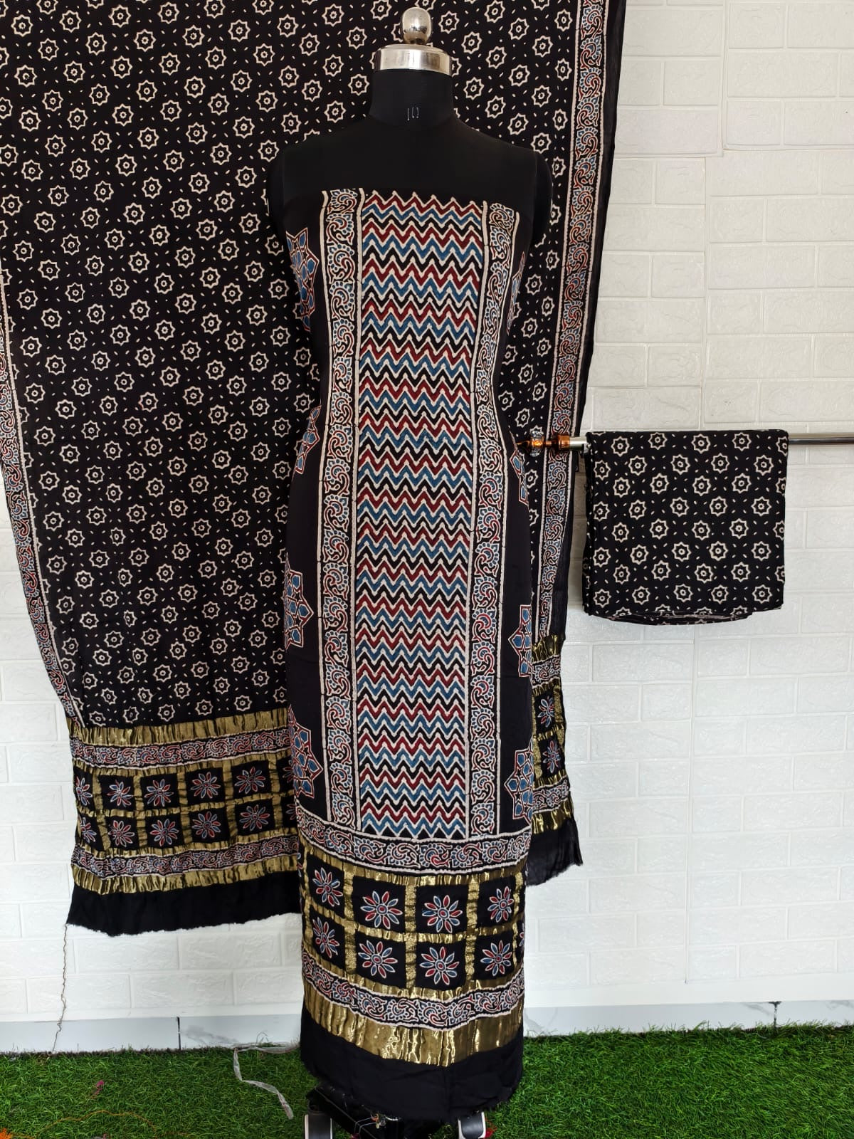 Ajrakh hand block print checks pallu top and dupatta suit