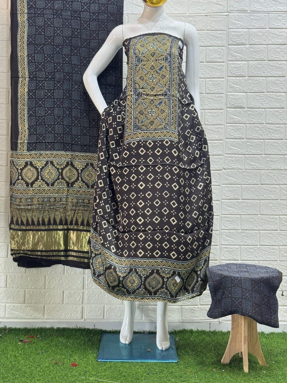 Pure Modal Silk Ajrakh Hand  Block print Nechral Dye 3 Pice Suit