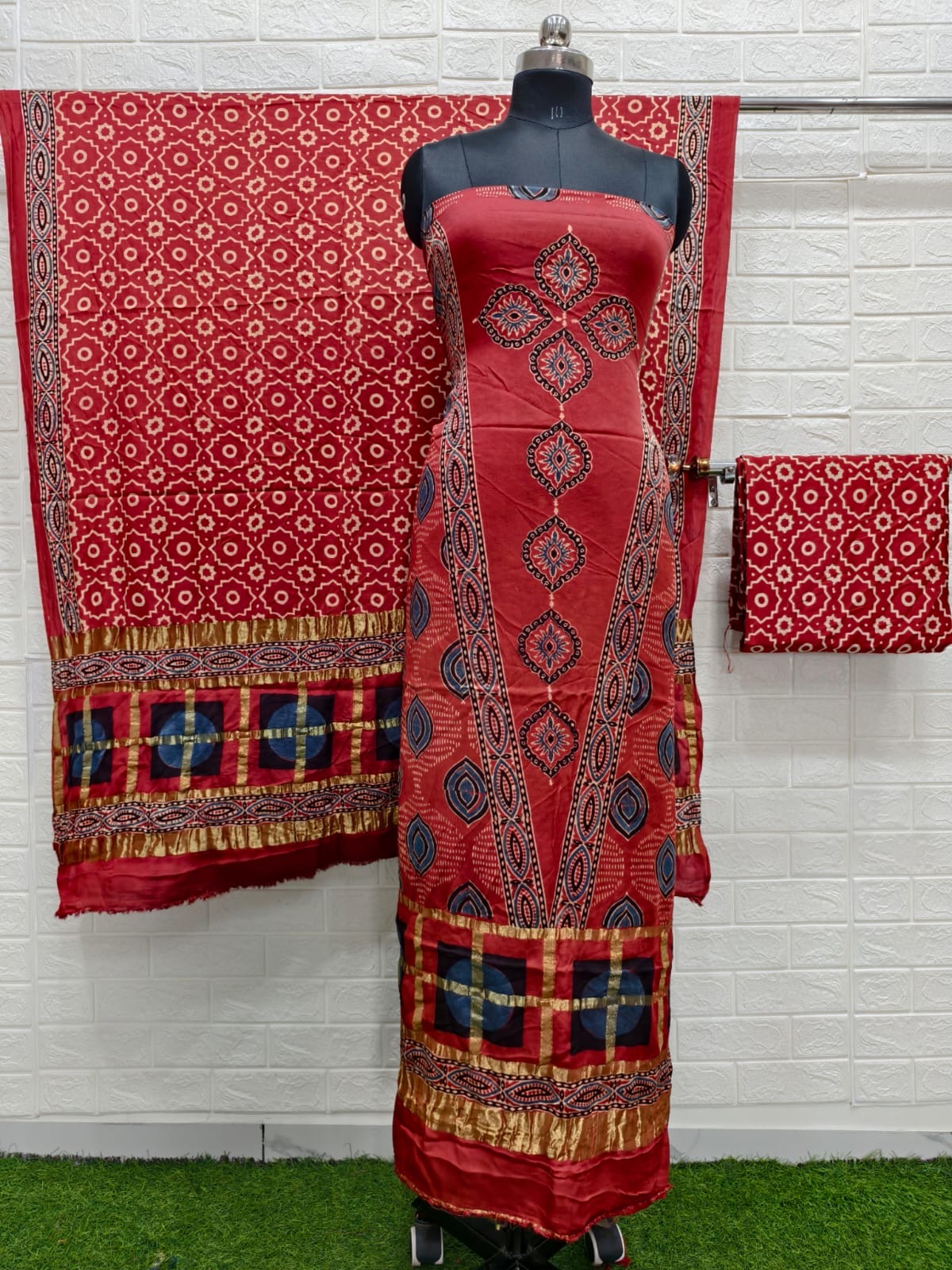 Ajrakh hand block print checks pallu top and dupatta suit