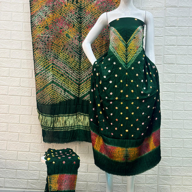 Modal Silk Shibori & bandhani suit Set multi color with neck and daman patta
