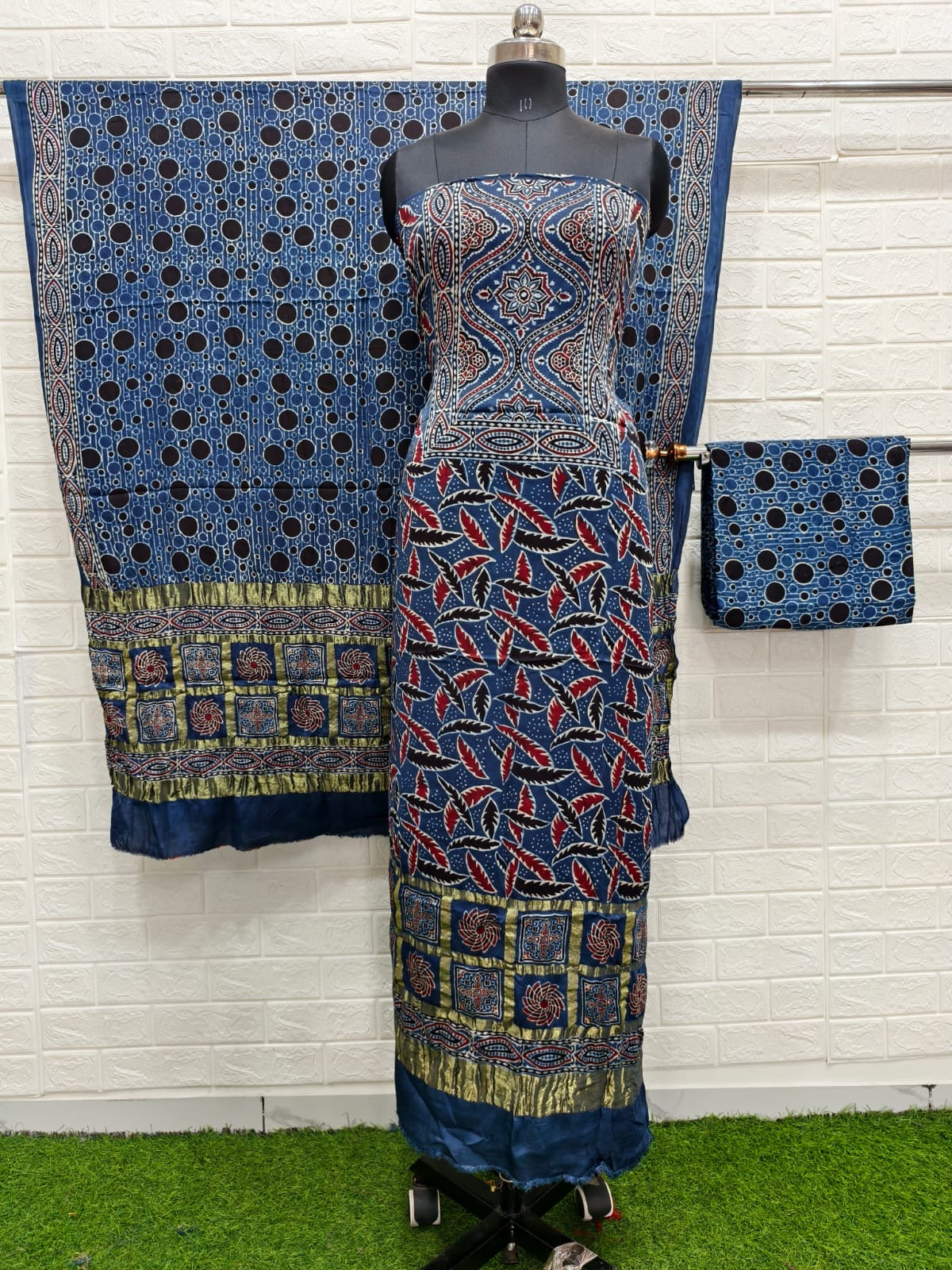 Ajrakh hand block print checks pallu top and dupatta suit
