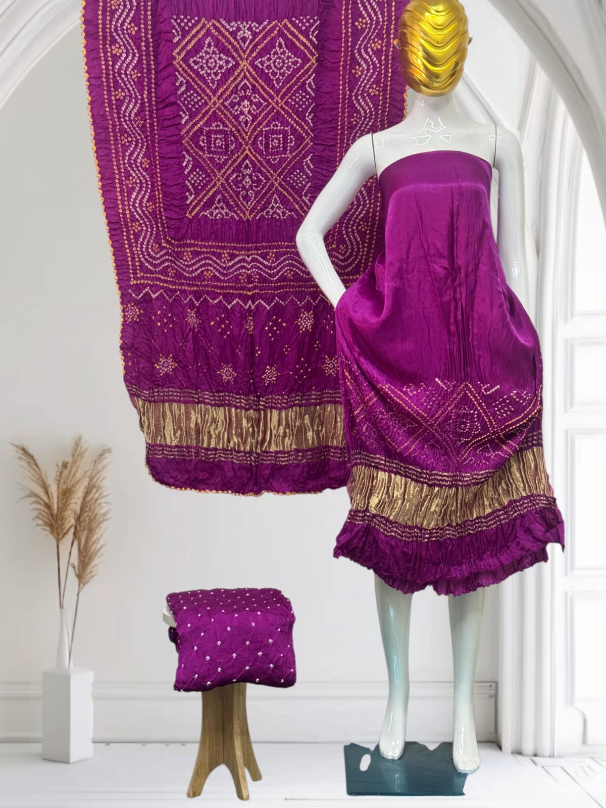 Modal Silk  Bandhani 3-Piece Suit with Zari Pallu Dupatta | Dot Bandhani Bottom