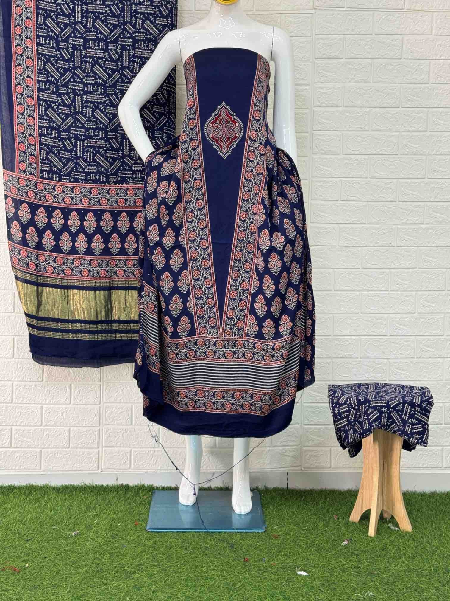 Pure Modal Silk Blu Ajrakh Hand Block Print Neptol Dye 3 Pice Suit