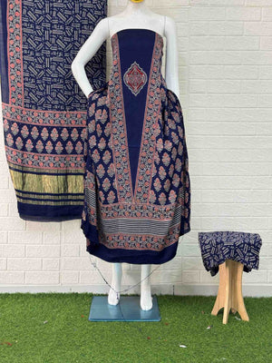 Pure Modal Silk Blu Ajrakh Hand Block Print Neptol Dye 3 Pice Suit