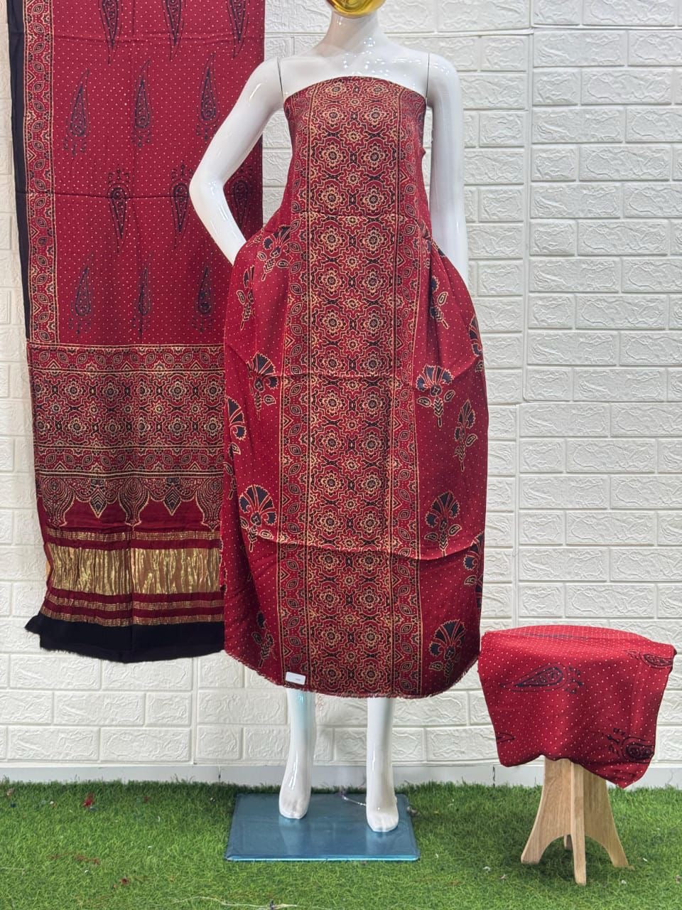 Pure Modal Silk Ajrakh Hand  Block print Nechral Dye 3 Pice Suit