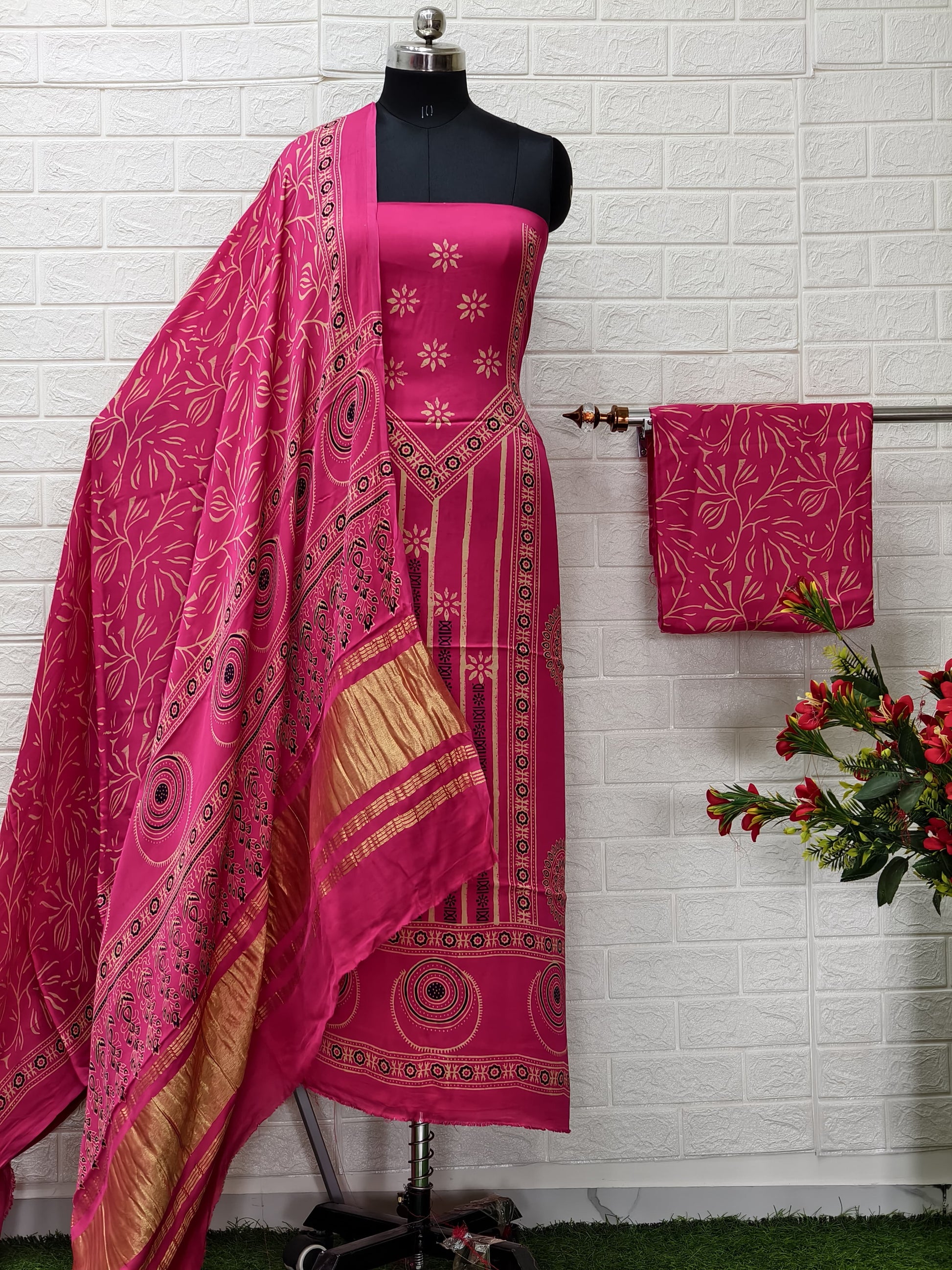Pure Modal Silk Ajrakh Hand Block Print Neptol Dye 3 Pice Suit