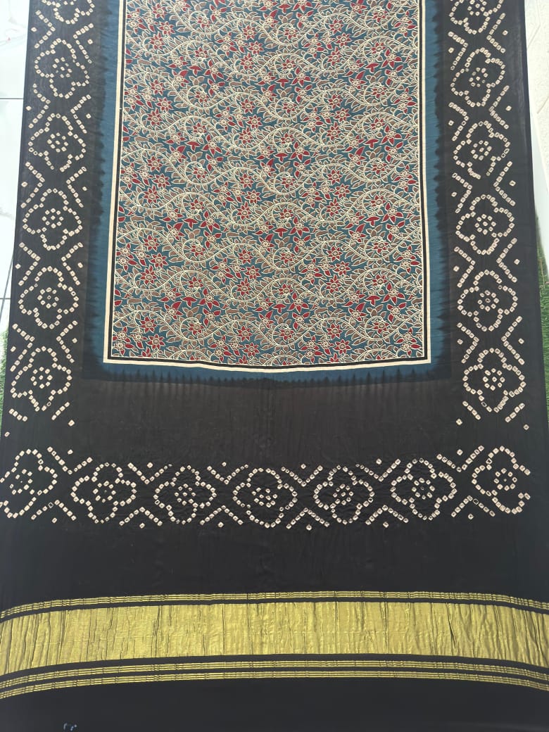 Modal silk ajrakh and bandhani dupatta screen print