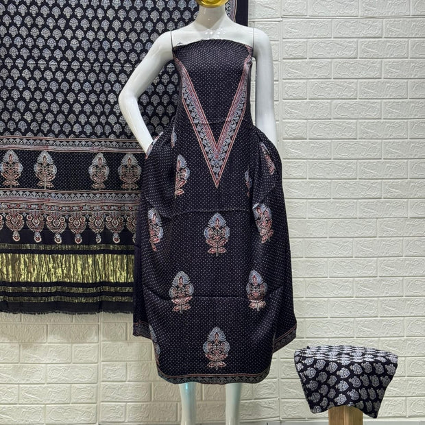 Pure Modal Silk Ajrakh Hand Block Print Nechral Dye 3 Pice Suit