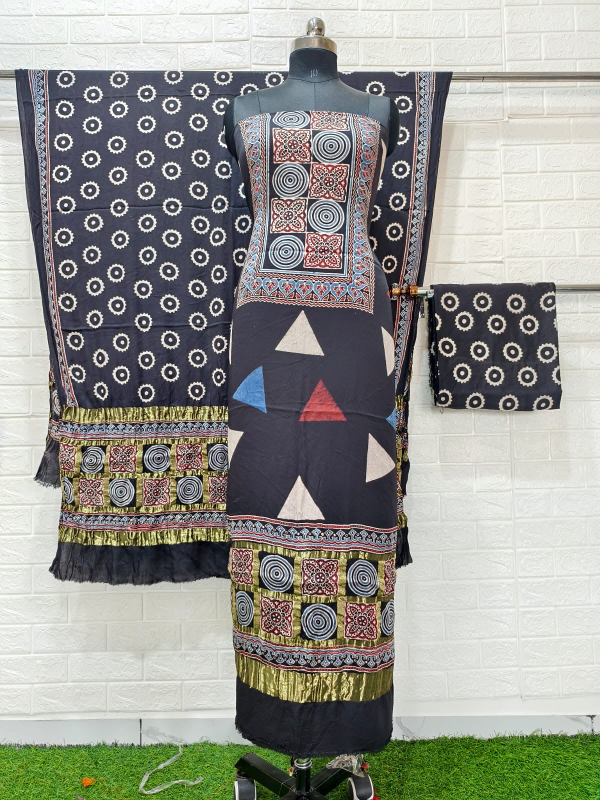Ajrakh hand block print checks pallu top and dupatta suit