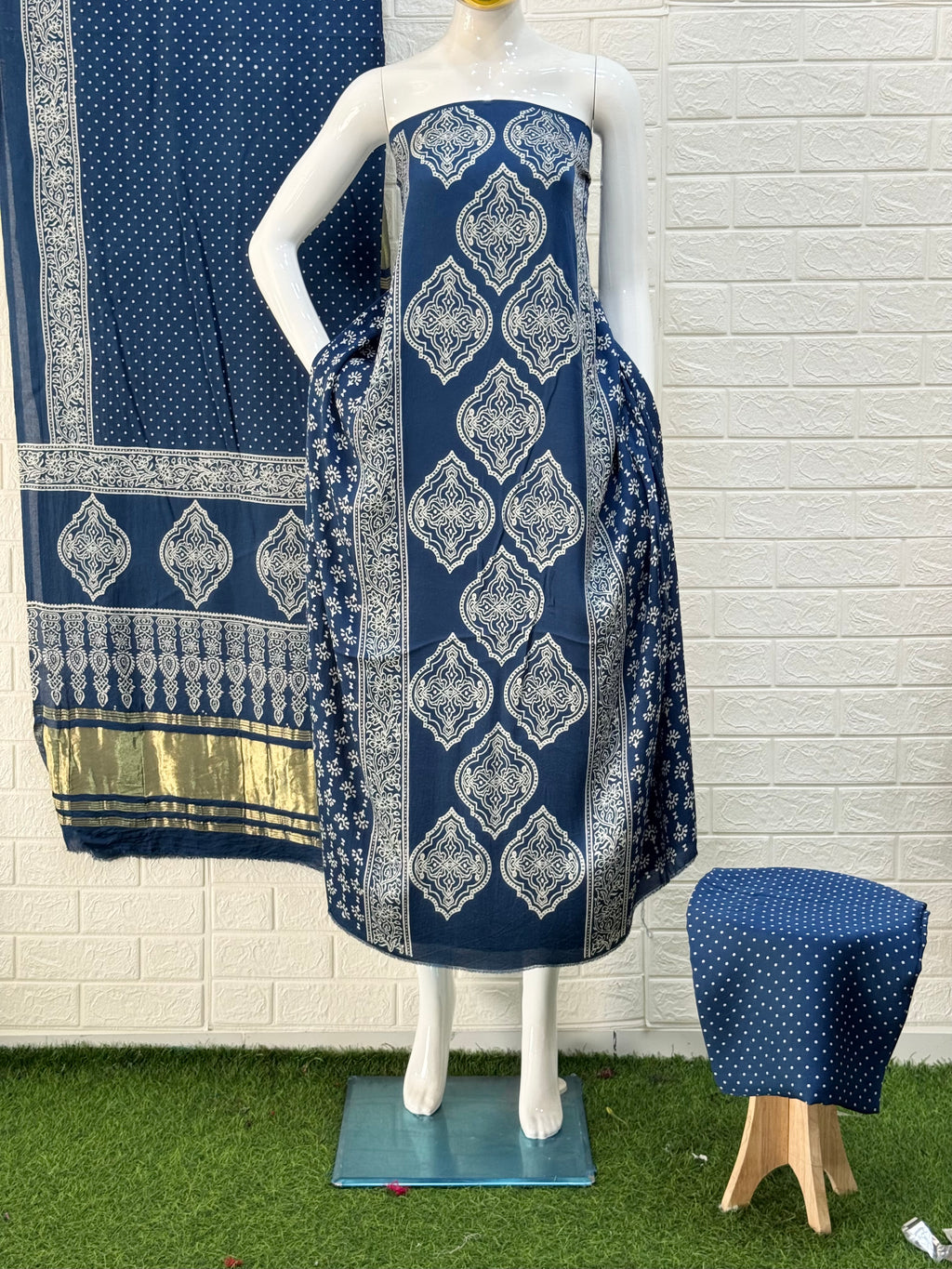 Modal Silk Ajrakh Hand Block Print 3 Piece Suit – Zari Pallu Dupatta