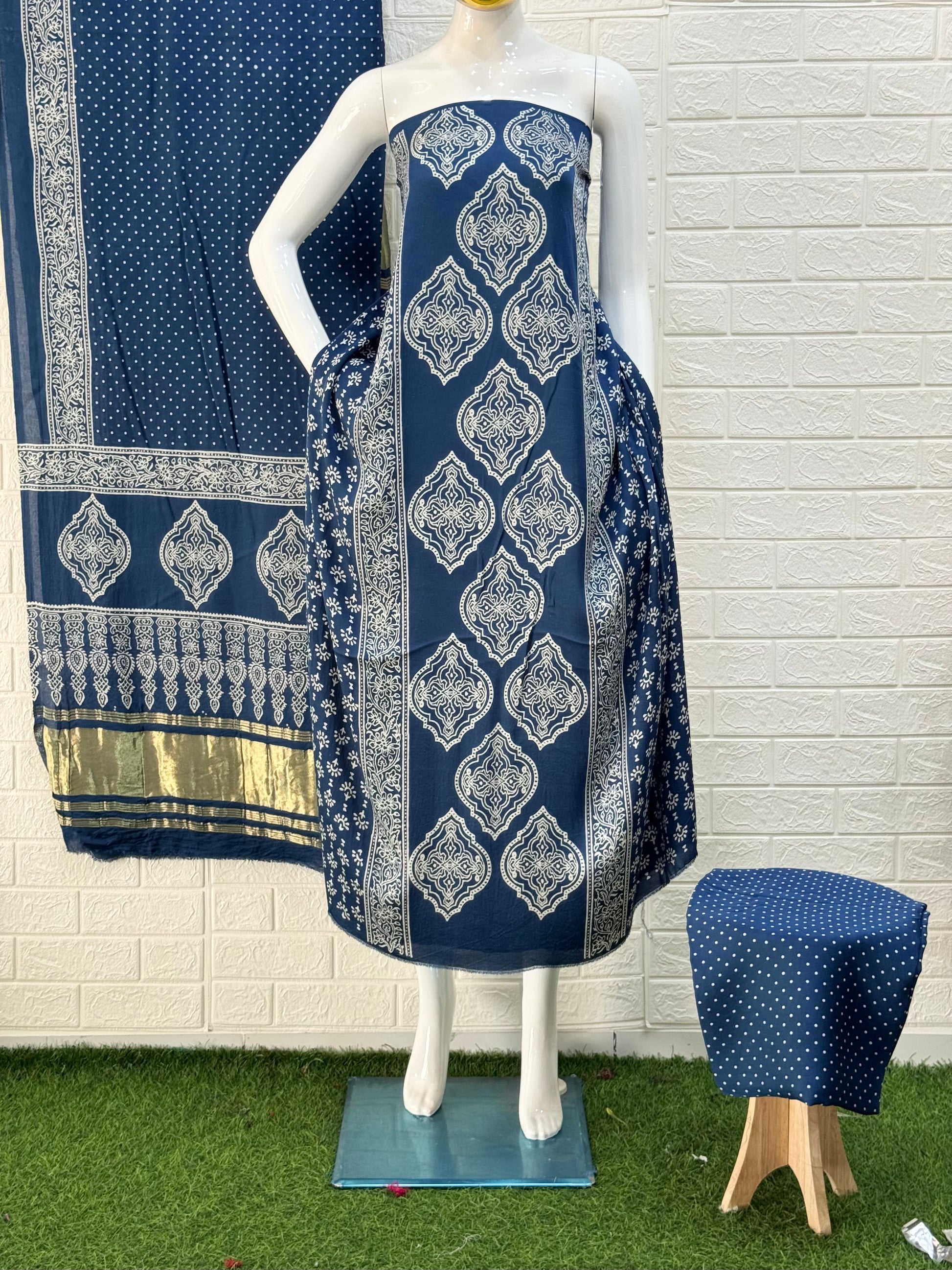 Modal Silk Ajrakh Hand Block Print 3 Piece Suit – Zari Pallu Dupatta