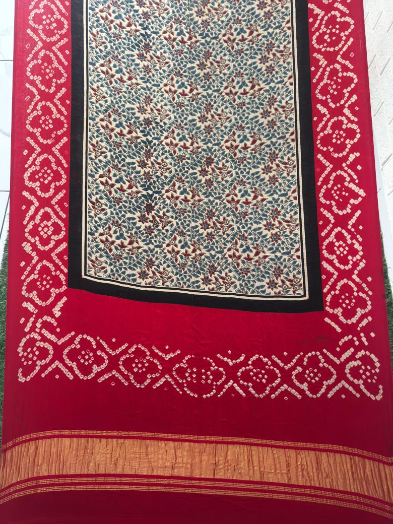 Modal silk ajrakh and bandhani dupatta screen print