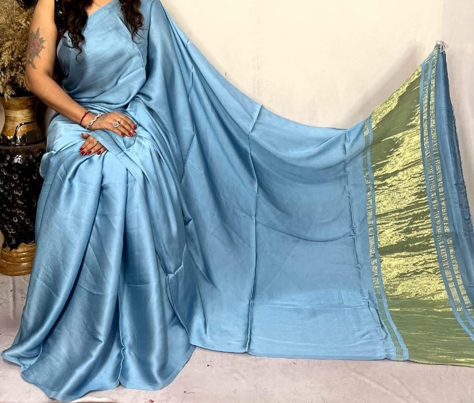 modal silk plan dye saree with zari pallu