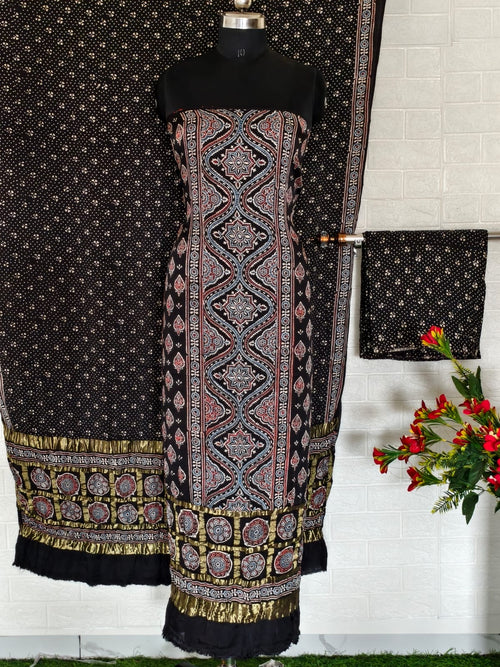 Ajrakh hand block print checks pallu top and dupatta suit