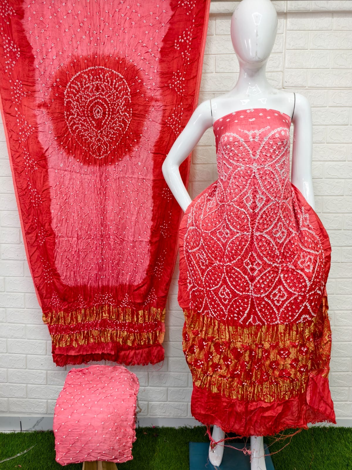 Modal Silk Bandhani Suit Barik Bandhej Naxi Pallu Top