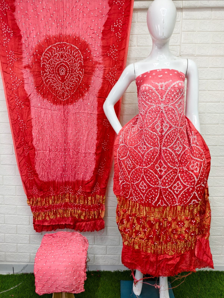 Modal Silk Bandhani Suit Barik Bandhej Naxi Pallu Top