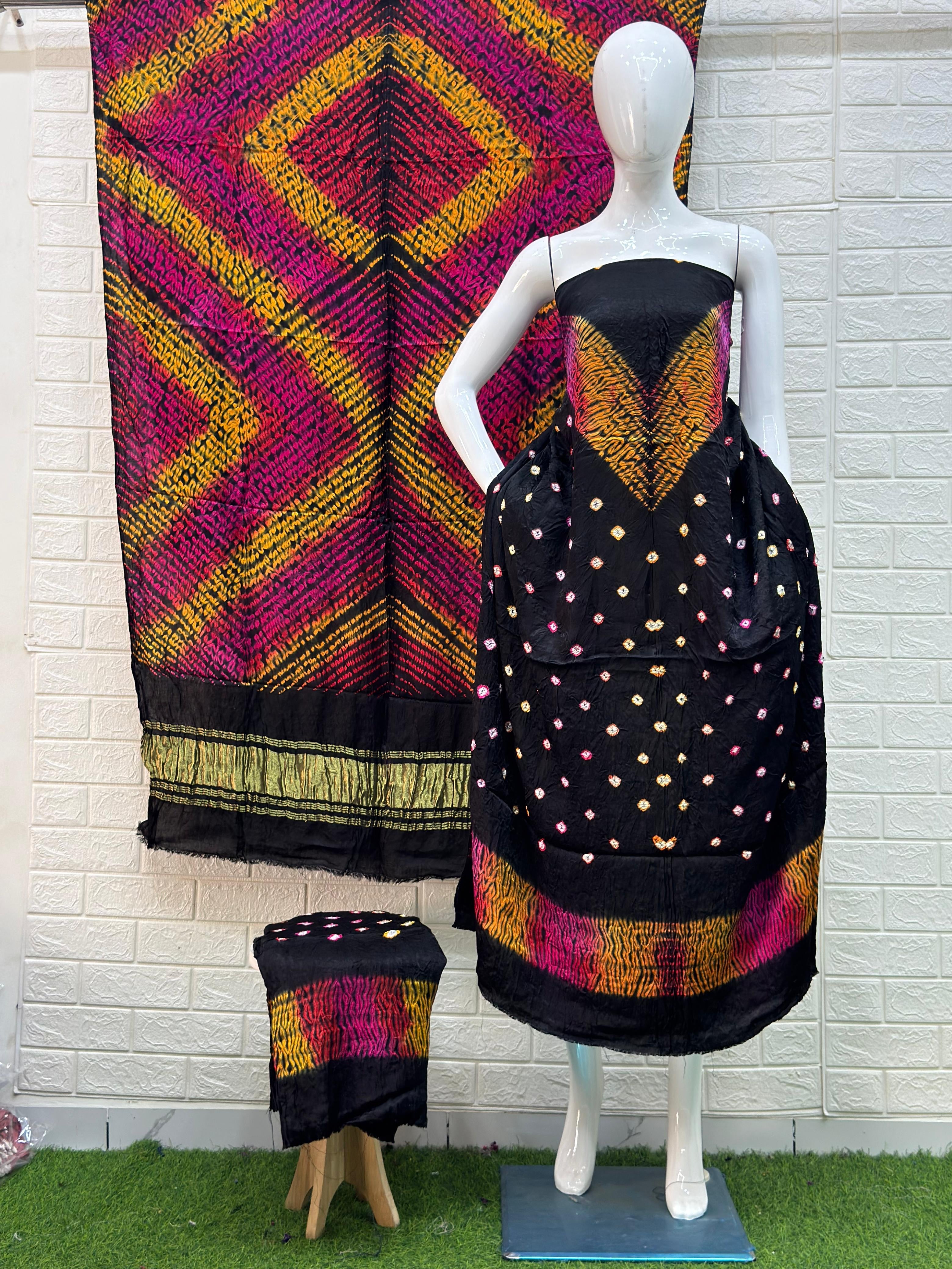 Modal Silk Shibori & bandhani suit Set multi color with neck and daman patta