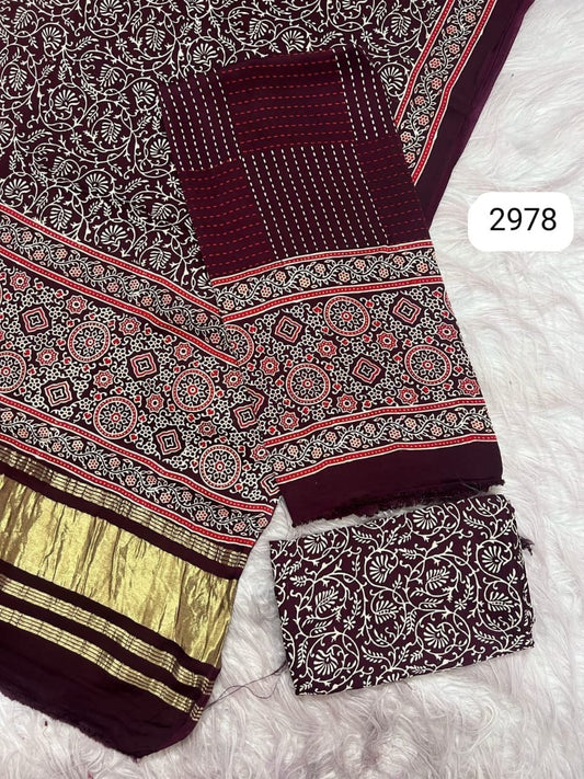 Pure Modal Silk Ajrakh Hand Block Print Neptol Dye 3 Pice Suit