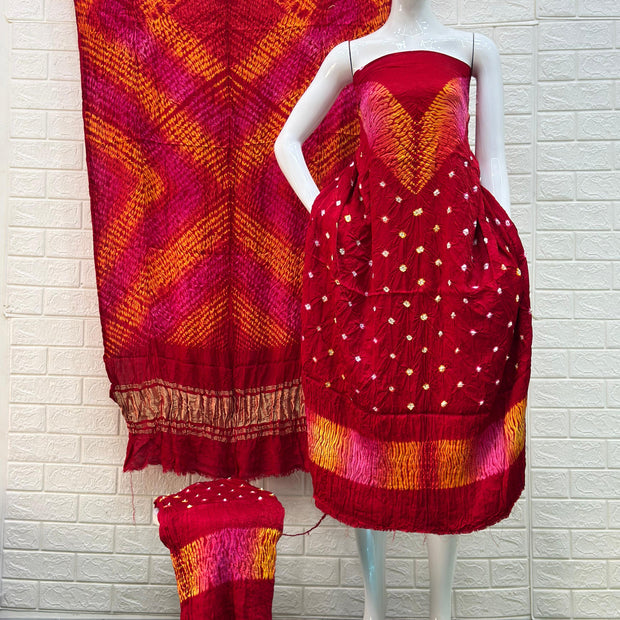 Modal Silk Shibori & bandhani suit Set multi color with neck and daman patta