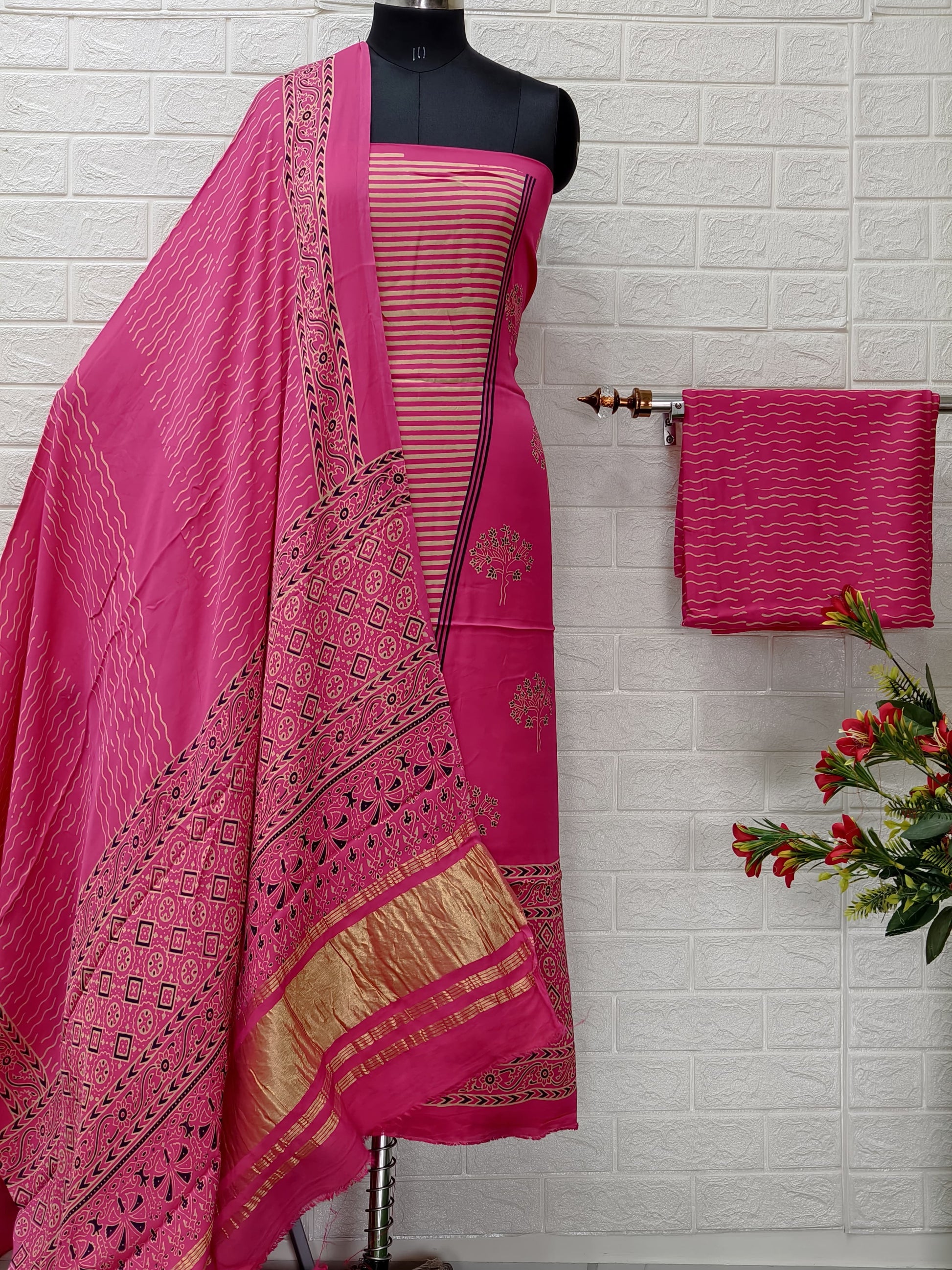 Pure Modal Silk Ajrakh Hand Block Print Neptol Dye 3 Pice Suit