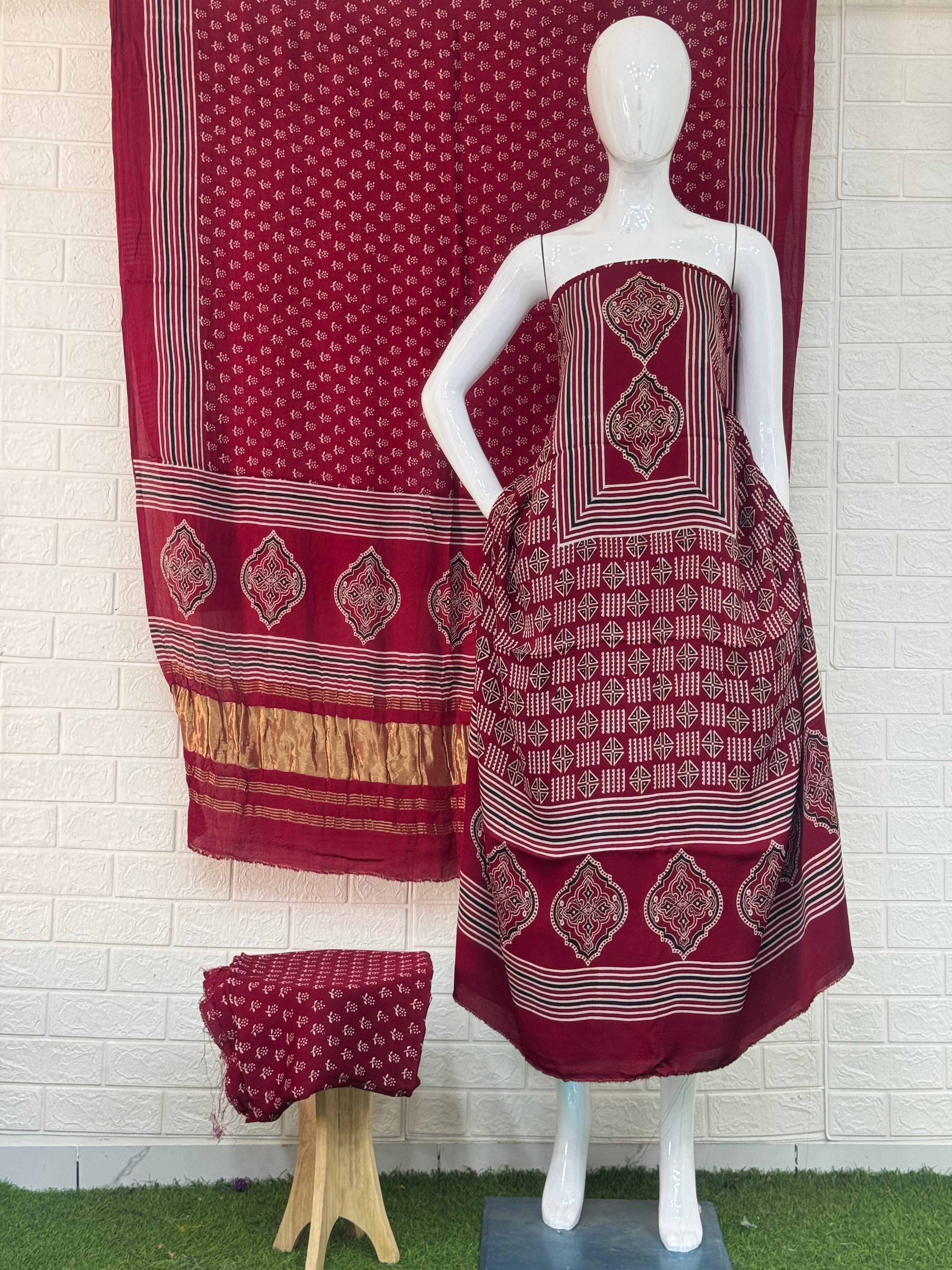 Pure Modal Silk Ajrakh Hand Block Print Neptol Dye 3 Pice Suit