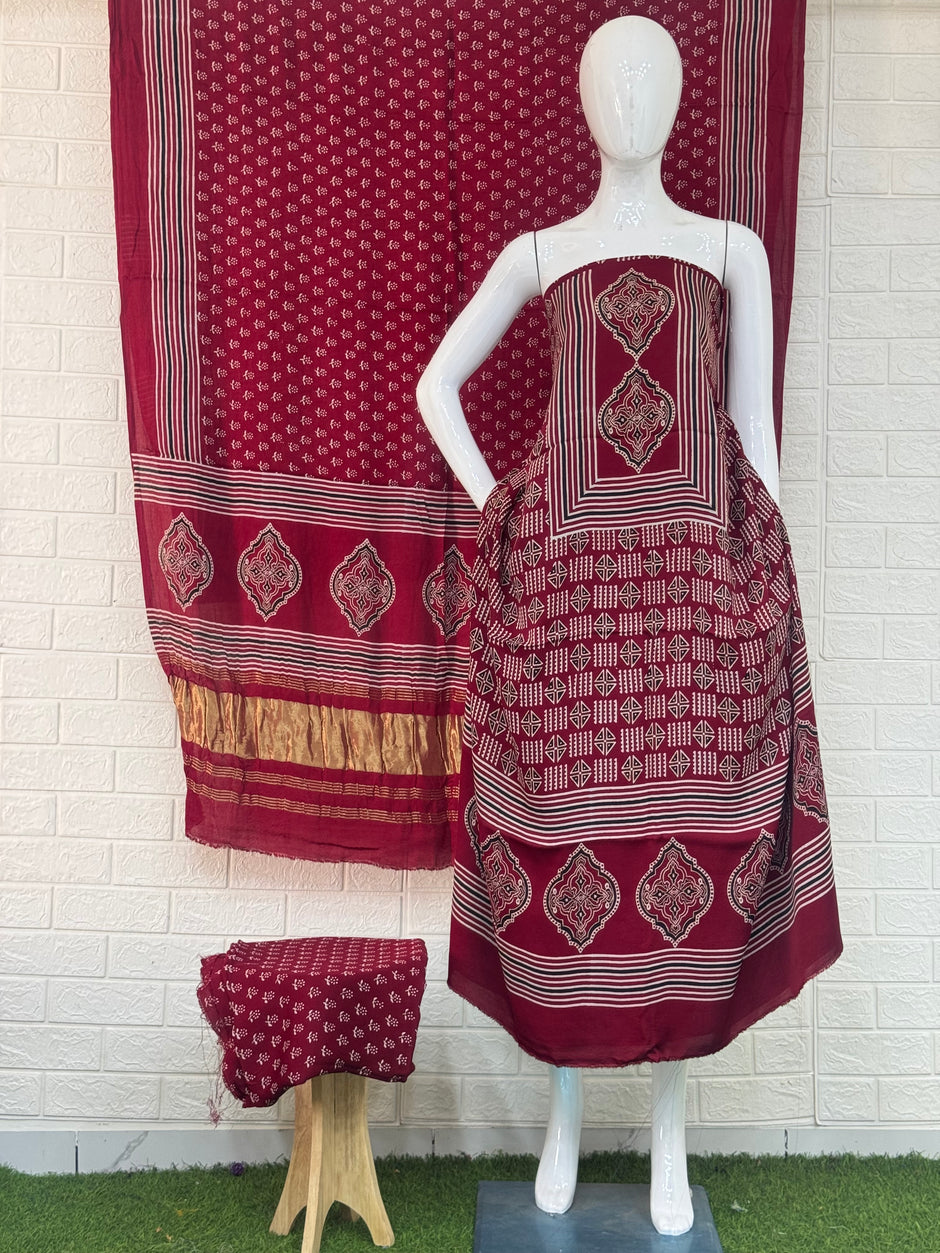 Pure Modal Silk Ajrakh Hand Block Print Neptol Dye 3 Pice Suit