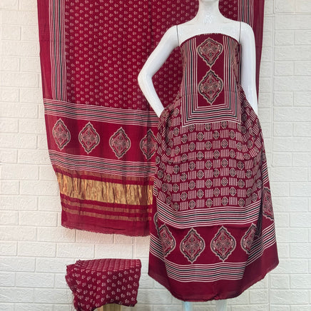 Pure Modal Silk Ajrakh Hand Block Print Neptol Dye 3 Pice Suit