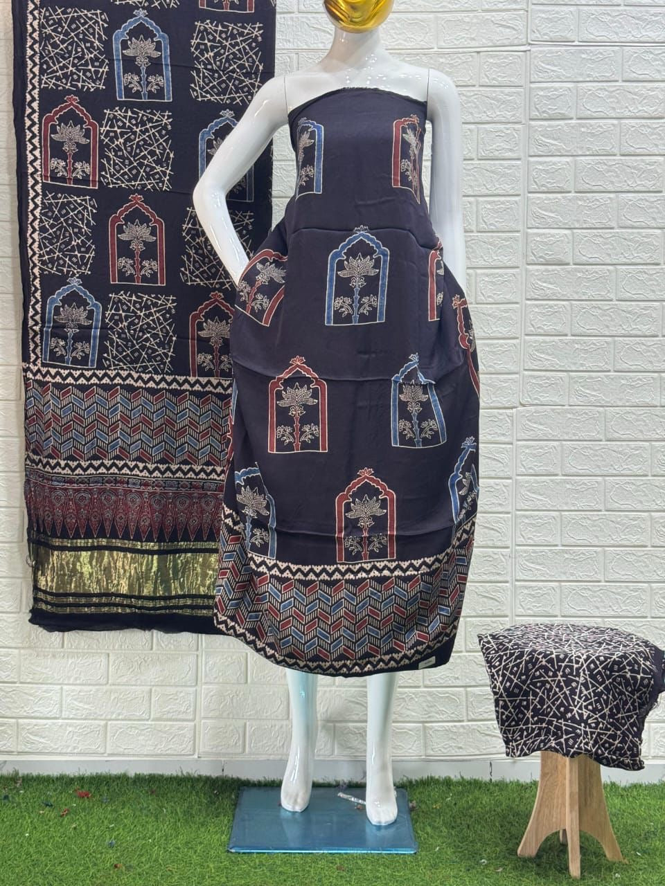 Pure Modal Silk Ajrakh Hand  Block print Nechral Dye 3 Pice Suit