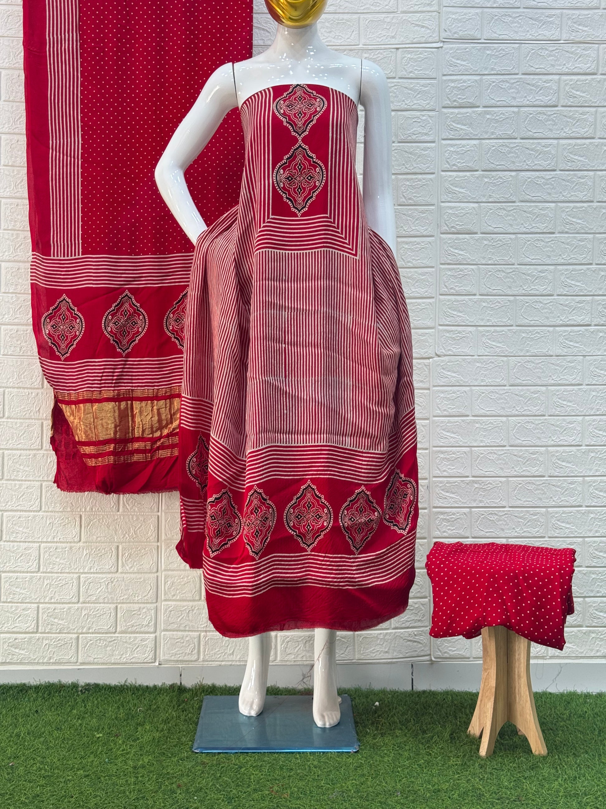 Pure Modal Silk Ajrakh Hand Block Print Neptol Dye 3 Pice Suit