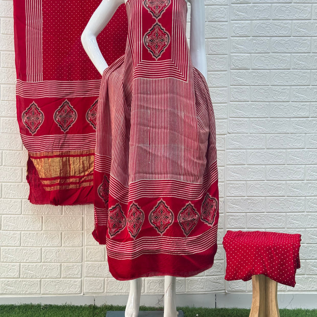 Pure Modal Silk Ajrakh Hand Block Print Neptol Dye 3 Pice Suit