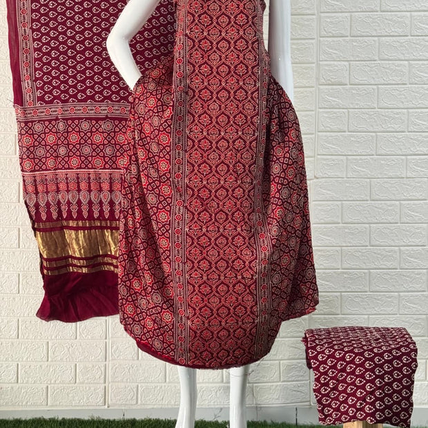 Ajrakh Hand Block Print Neptol Dye 3 Pice Suit