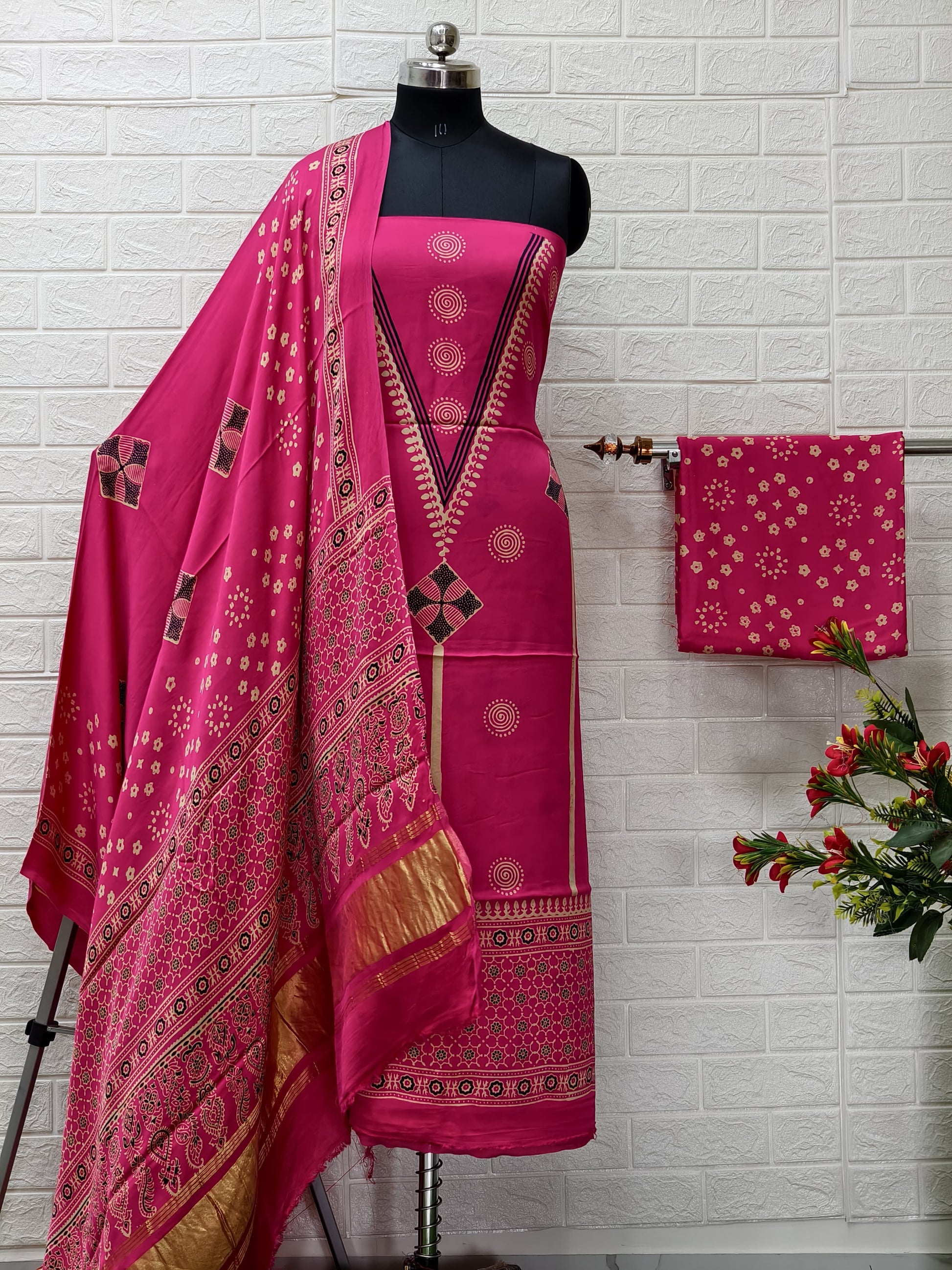 Pure Modal Silk Ajrakh Hand Block Print Neptol Dye 3 Pice Suit