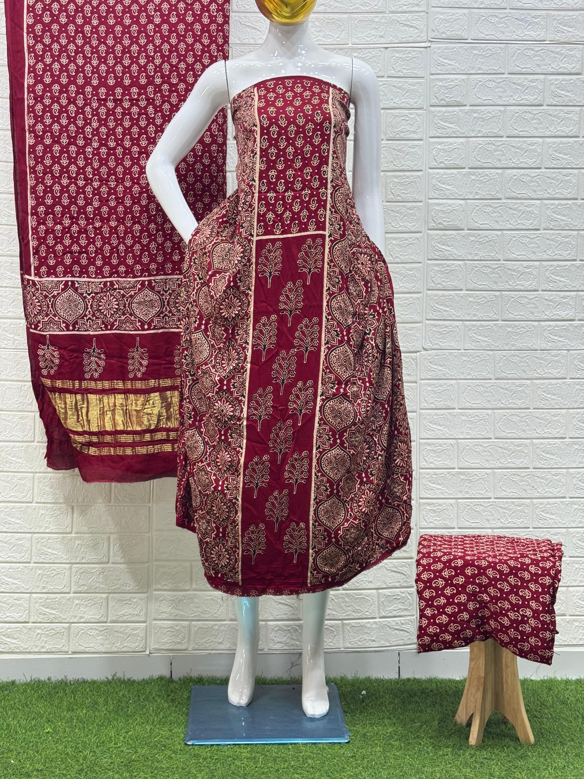 Ajrakh Hand Block Print Neptol Dye 3 Pice Suit