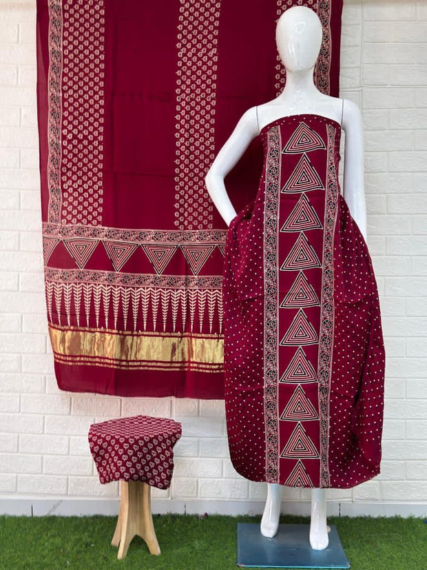 Buy Ajrakh Hand Block Print Modal Silk 3 Piece Suit Online | Ajrakh Design with Zari Dupatta